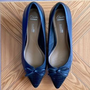 Clarks black leather kitten heels with croc front detail